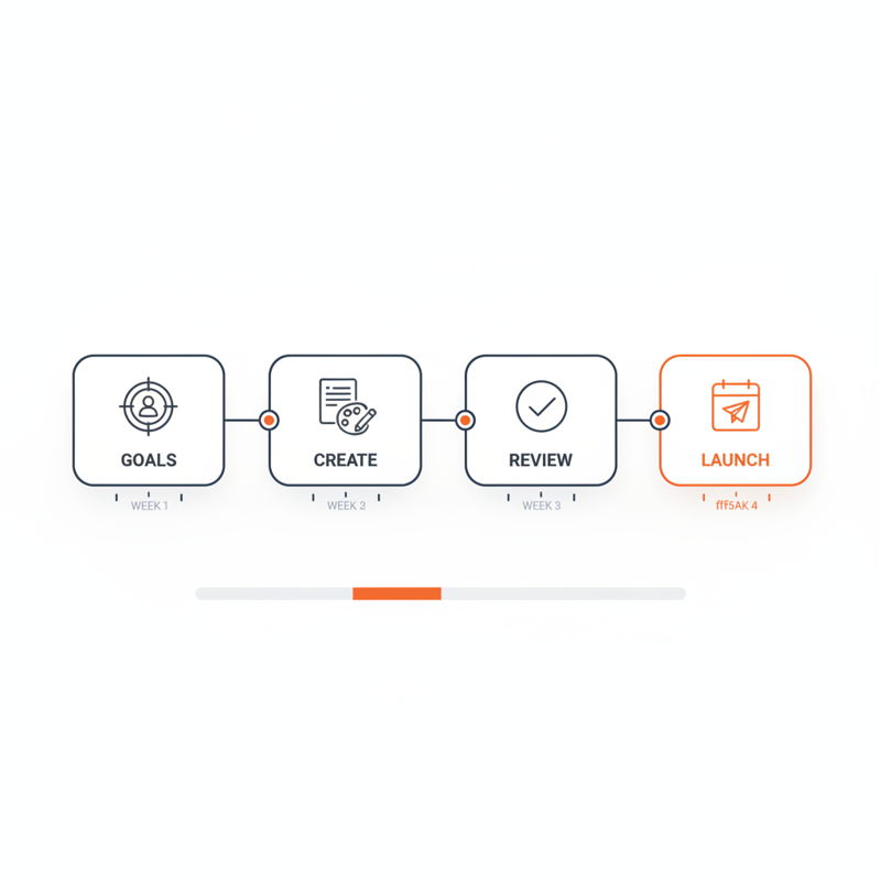 A six-to-eight-week campaign planning timeline: define goals, create content, review and approve, then schedule and launch.