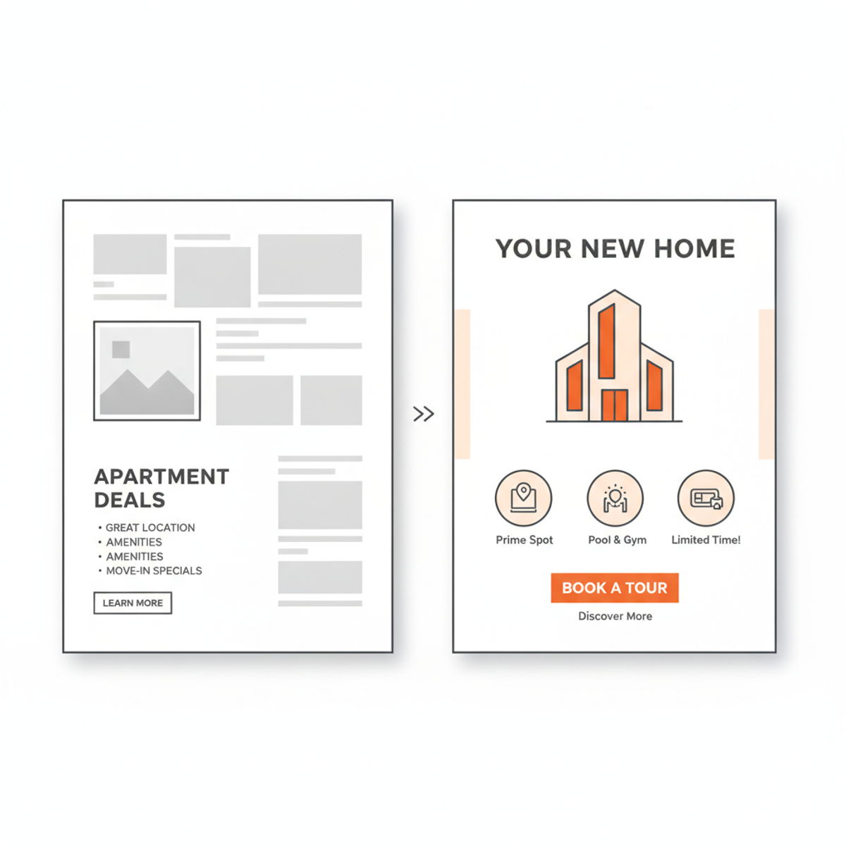 Side by side: a plain, off-brand apartment flyer in muted gray on the left, and the same content restyled as a crisp, on-brand social post with an orange accent on the right