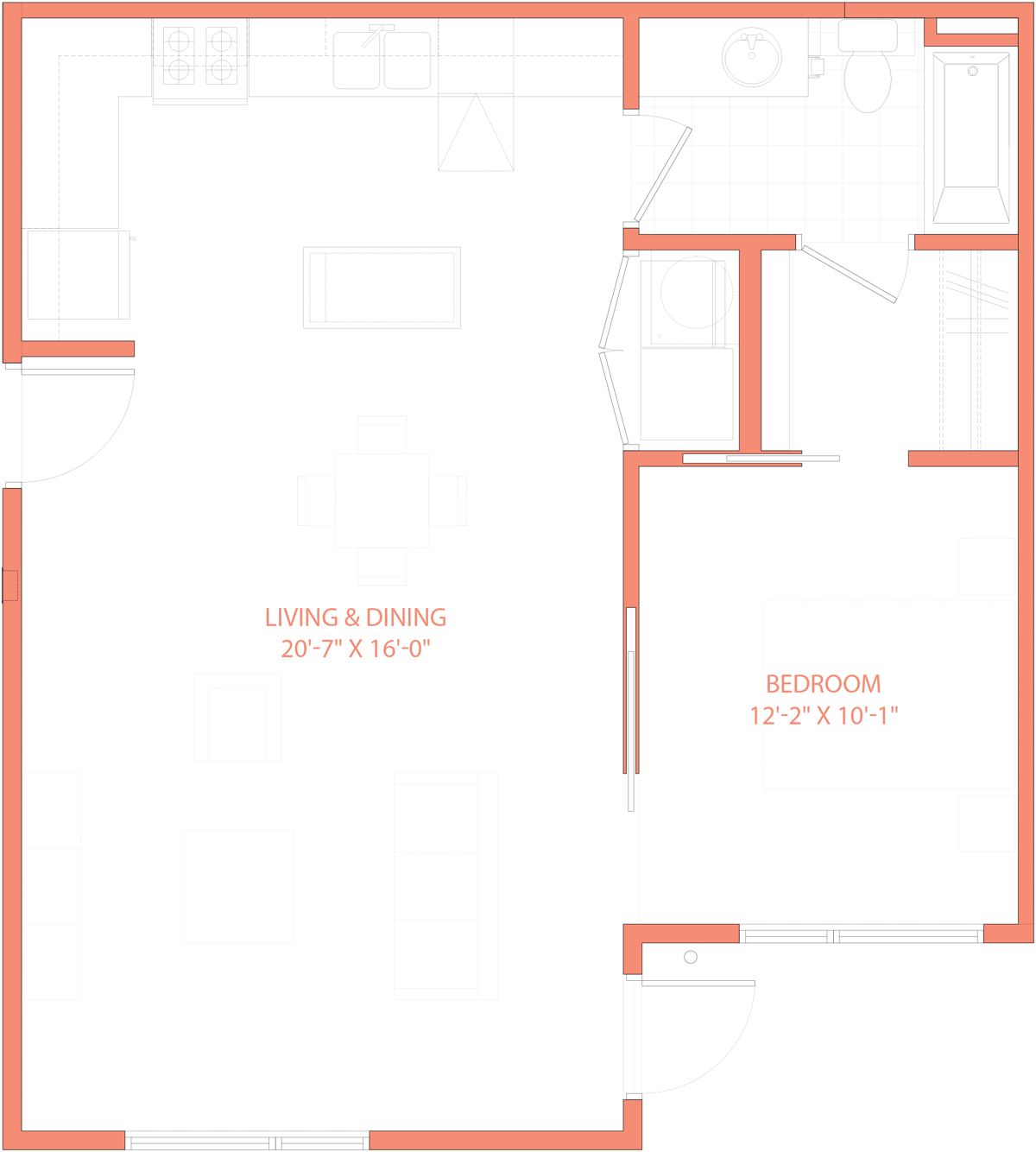 Classen 1 bedroom floor plan — after cleaning