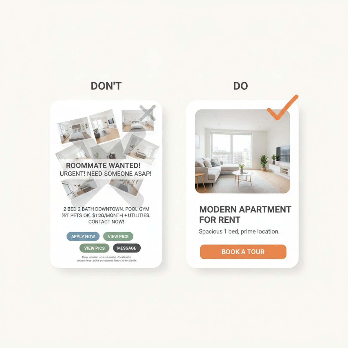 Comparison of a cluttered over-designed post versus a clean on-brand post.