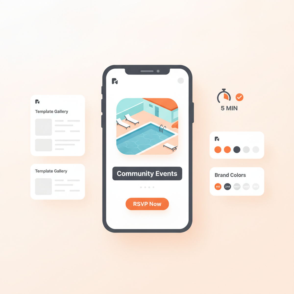 Illustration of a phone showing an on-brand apartment social post being created from a template in minutes.