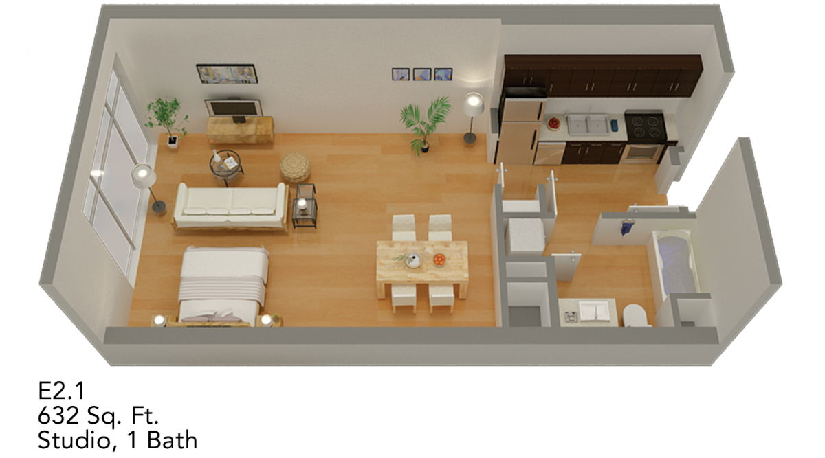 E2 studio floor plan render — before cleaning