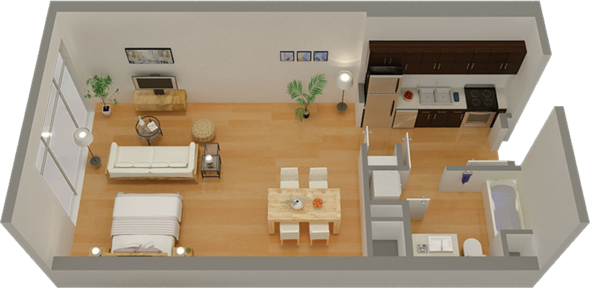 E2 studio floor plan render — after cleaning