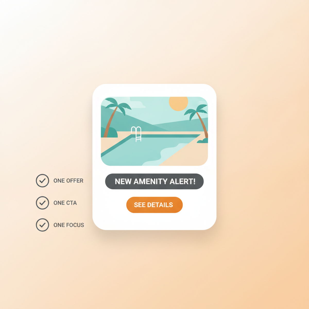 A single clean apartment social post with one headline, one photo, and one call-to-action button.