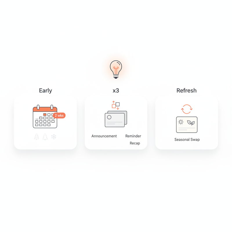 Three campaign timing pro tips: schedule holiday content early, run announcement-reminder-recap posts, and refresh themes each season.